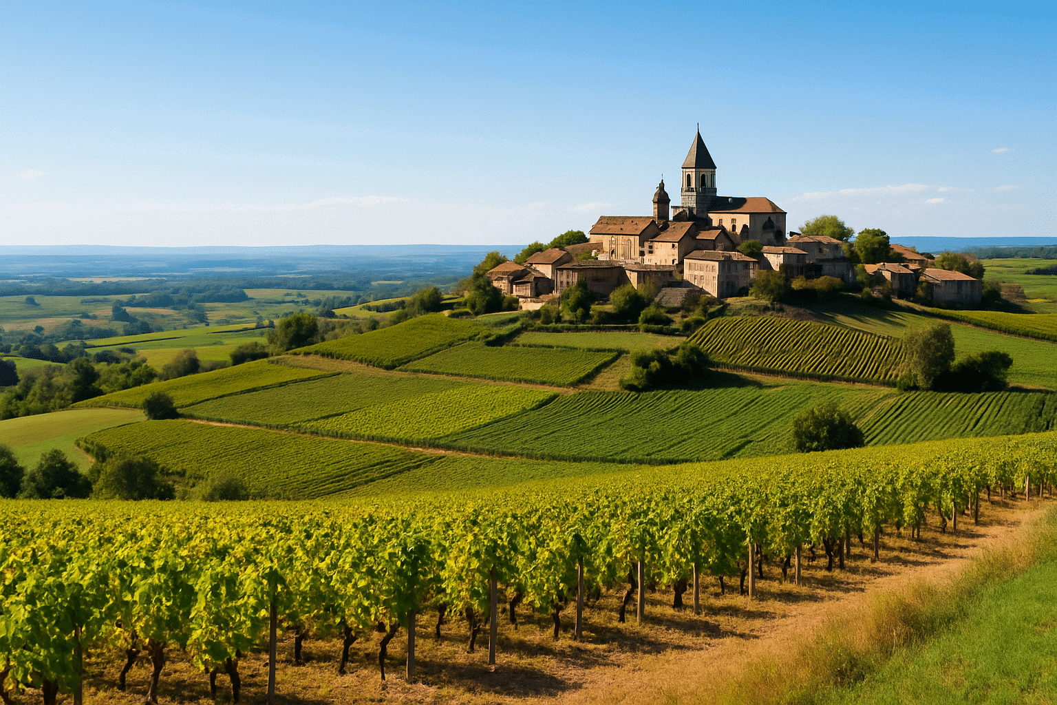 Village médiéval perché entouré de vignobles verdoyants.